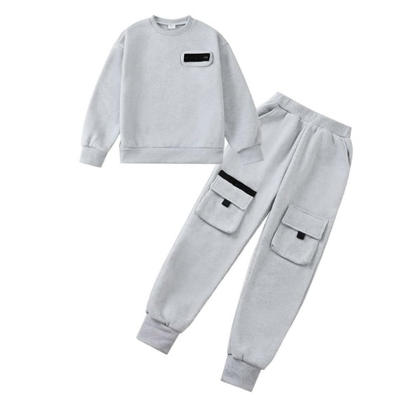 Kucnuzki 8 Years Big Boys Outfit Set 9 Years Kid Boy Pants Sets Long Sleeves Pullover Sweatshirt Top Pockets Sweatpants 2pcs Clothing Grey