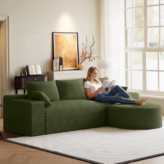 Wiilayok 108" Modular Cloud Sectional Sofa,L Shaped Sofa with Movable Ottoman,Deep Seat,Corduroy Compression Sectional Sofa Couch for Living Room Bedroom,No Assembly,Olive Green