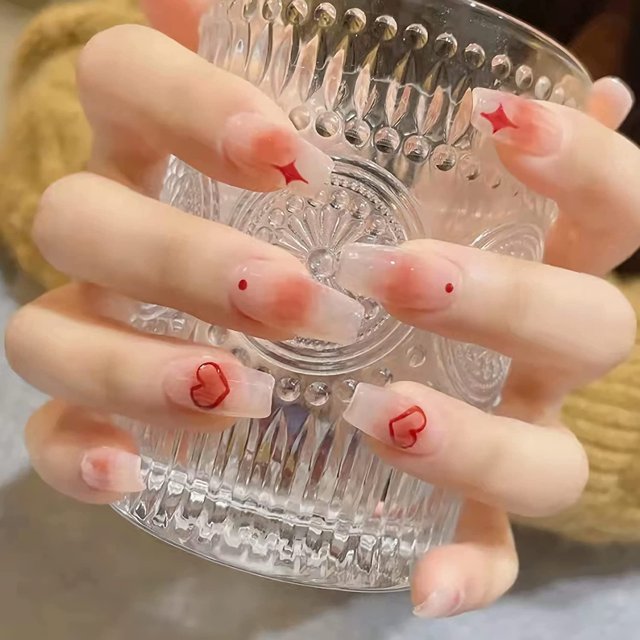 Coffin Press on Nails Uñas postizas medianas brillantes Balle degradado rojo