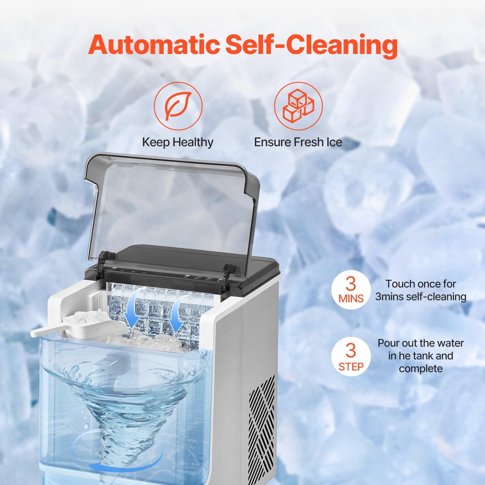 KFFKFF Countertop Ice Maker, Produces 32 Ice Cubes in 15 Minutes, 46lbs Daily Capacity, Portable Ice Machine with Self-Cleaning Function and Two Cube Sizes for Home, Kitchen, Office, or Party Use