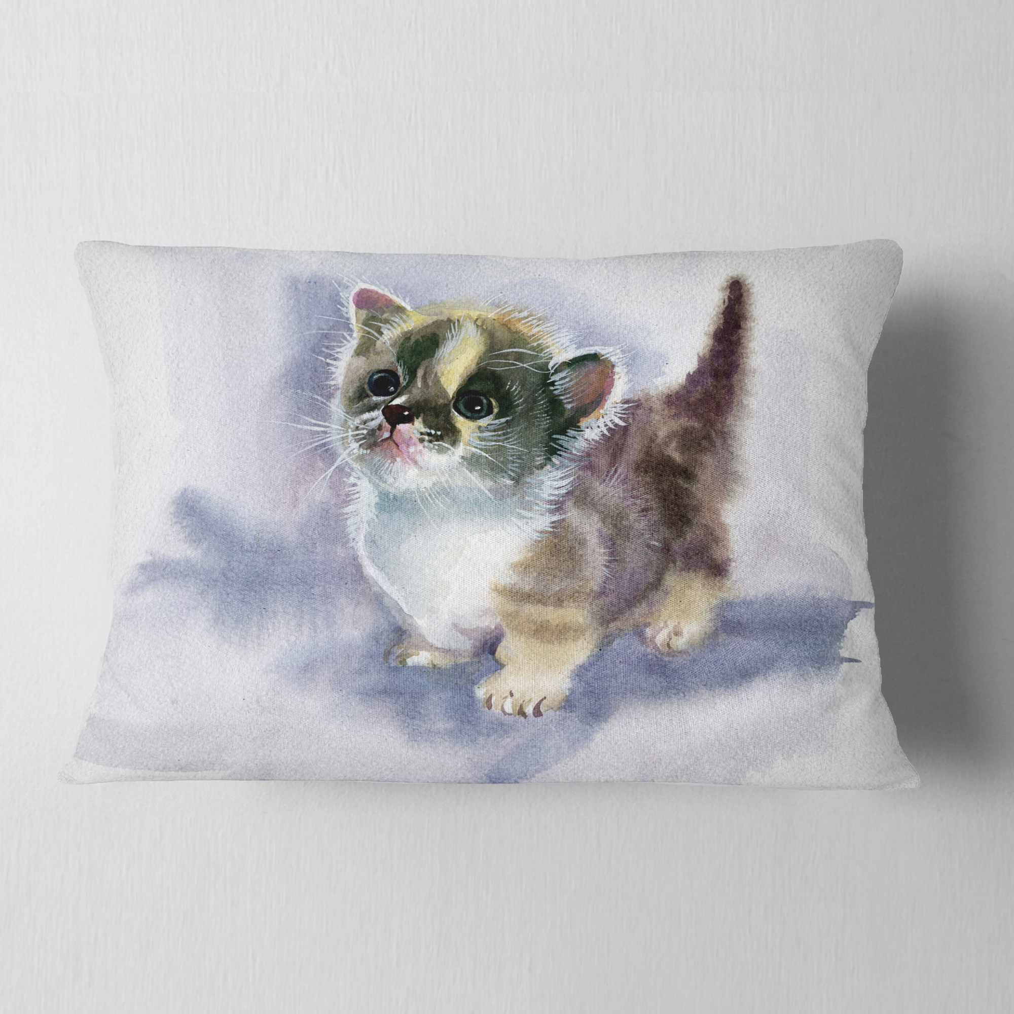 Designart Cute Kitten on Blue Watercolor - Animal Throw Pillow - 12x20