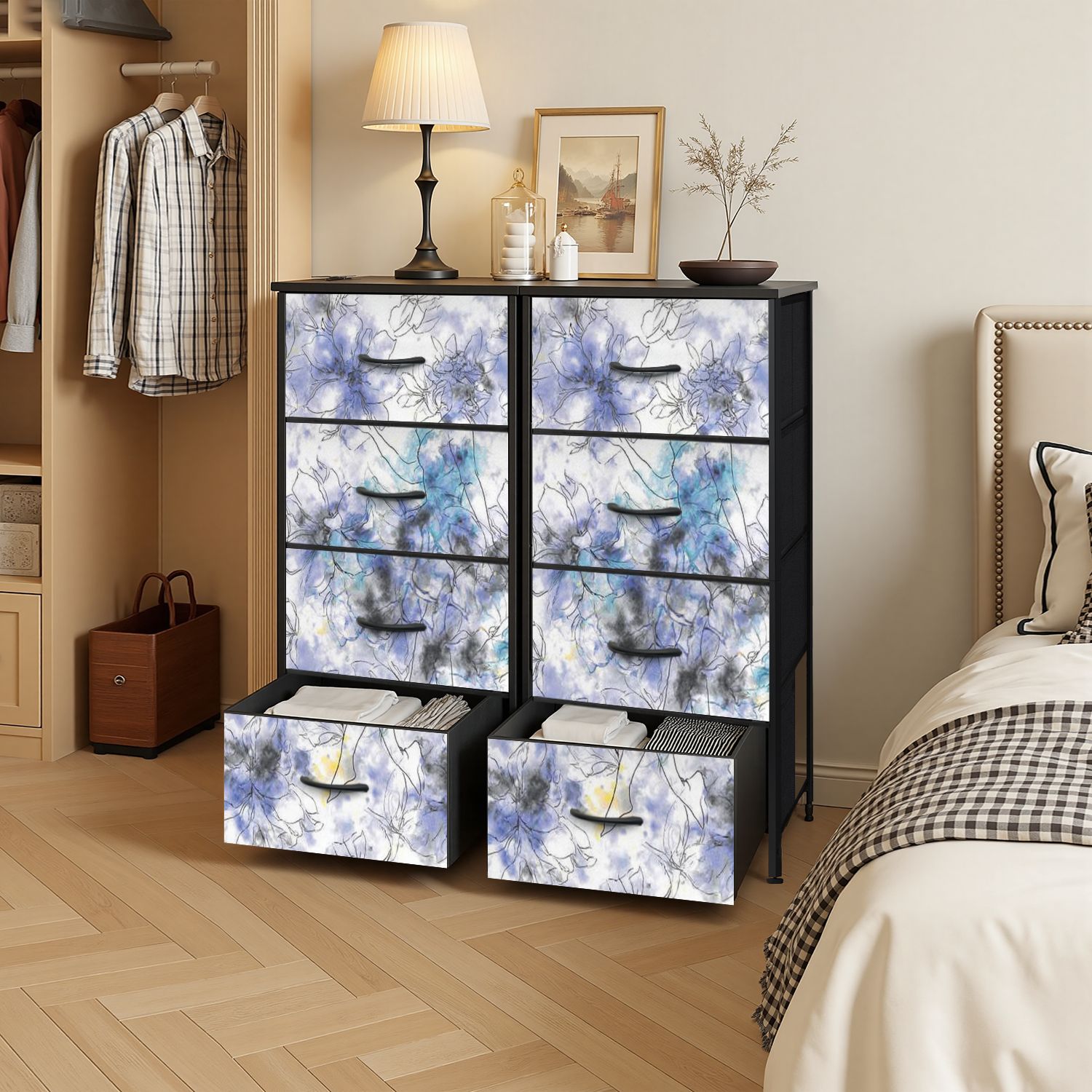 4 Drawer Vertical Storage Dresser Watercolor ballerina art Splash paint Watercolor blue with Wood Top Fabric Pull Drawers
