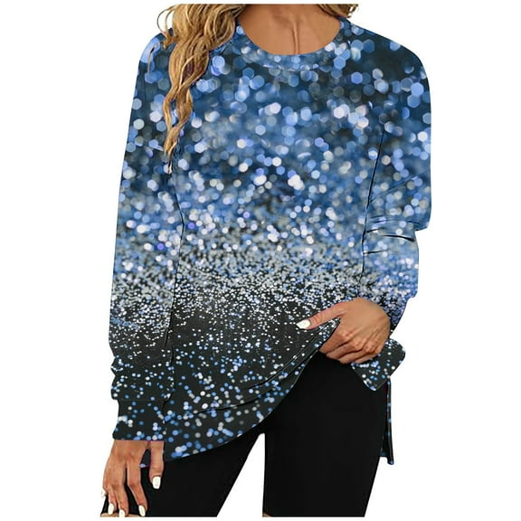 SCSAlgin Sweatshirt For Women Fashion Glitter Sequin Long Sleeve Fall Tops Side Split Crewneck Pullover