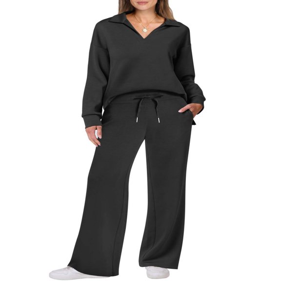 LYMAYTER 2-Piece Sets for Women Casual Long Sleeve Sets V Neck Tops Drawstring Wide Leg Pants Sets S-2XL