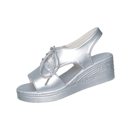 KIJBLAE Women s Lace Up Wedge Sandals Solid Peep Toe Thick Platform Design Adjustable Strap Trendy Outdoor Summer Footwear Silver 37