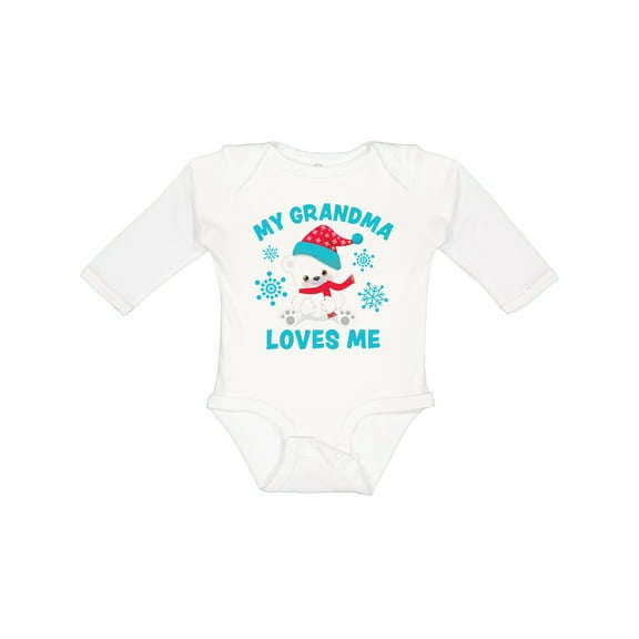 Inktastic Polar Bear My Grandma Loves Me in Santa Hat with Snowflakes Boys or Girls Long Sleeve Baby Bodysuit