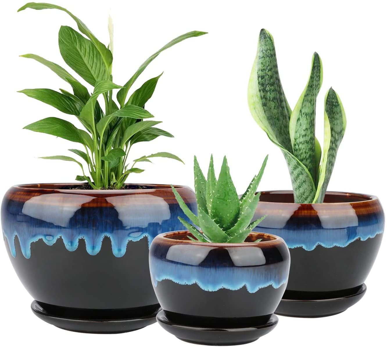 Ceramic Succulent Planter Pot with Drainage Hole and Connected Saucer Small to Large Size Round Flower Plant Pots for Plants Set of 3