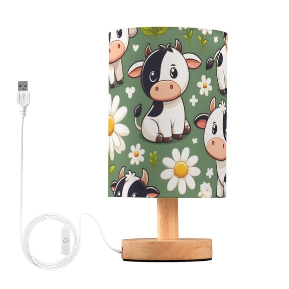 Cows Daisy Or Flowers Table Lamp USB Bedside Desk Nightstand Lamp Printed Gifts Small Lamp Wood Base for Bedroom Living Room Kids Room College Dorm