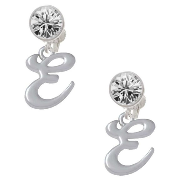 Silvertone Small Gelato Script Initial - E - Clear Crystal Clip On Earrings