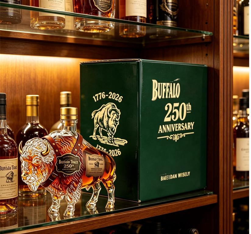 250th Anniversary 3D Bison Buffalo Shaped Glass Decanter, Hand Carved Spirit Liquor Bottle with Green Gift Box, Western Wildlife Bar Display Decor Gift for Bourbon Lovers