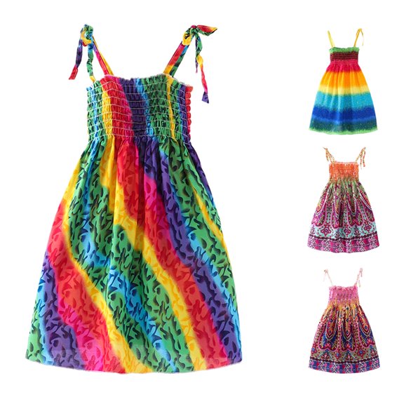 CUZIBR Toddler Kids Girls Floral Bohemian Dresses Cute Bow Spaghetti Strap Smocked Slim Fit Rainbow Flowers Print Sleeveless Beach Dress Lightweight Summer Princess Clothes,b-Green,3 Years