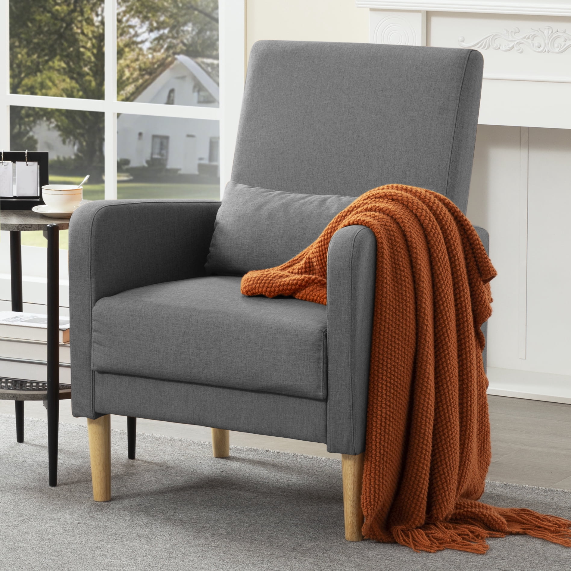 Gewnee 26.5"Accent Chair,Linen Fabric Upholstered Comfy Armchair with Solid Wood Frame & High Back,Single Chair for Living Room,Apartment,Office.Dark Grey