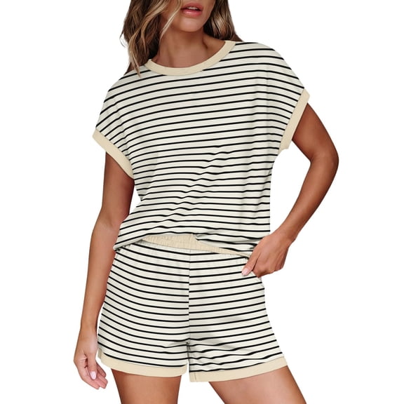 WAYUTE Shorts Sets Women 2 Piece Outfits Casual Loose Fit Striped Knit Short Sleeve T Shirts Top and Shorts Trendy Summer Outfit