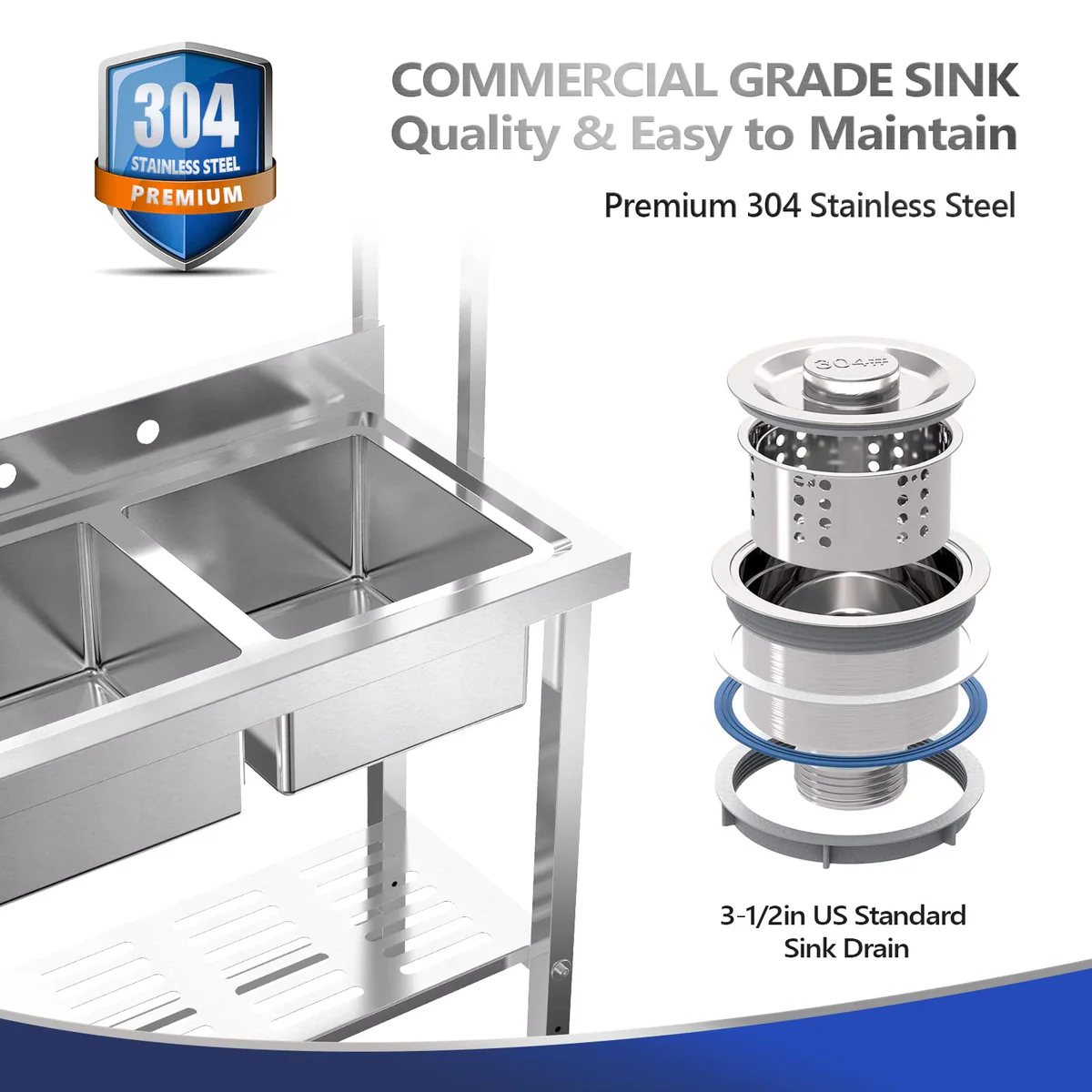 Ktaxon 36" × 21" Stainless Steel Double Utility Sink with Adjustable Shelves, Freestanding Prep Sink with Backsplash & 3.5" Drain