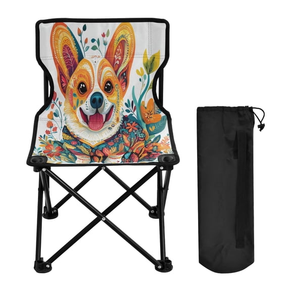 WOBOGO Smiling Corgi Dog Camping Chair Convenient Four Corner Backrest Folding Stool Can Hold Up to 220lbs