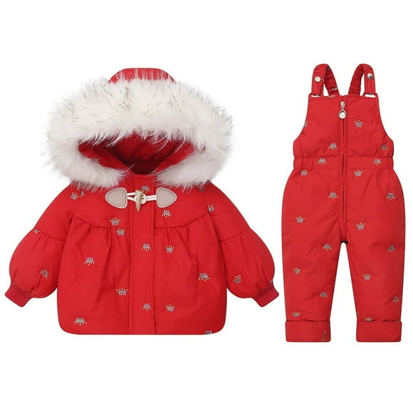 Jamicy Snow Suits for Toddlers Christmas Gifts Baby Boys Girls Cartoon Sweety Zipper Hooded Puffer Down Pocket Ski Jacket+Snow Bib Pants Snowsuit Set