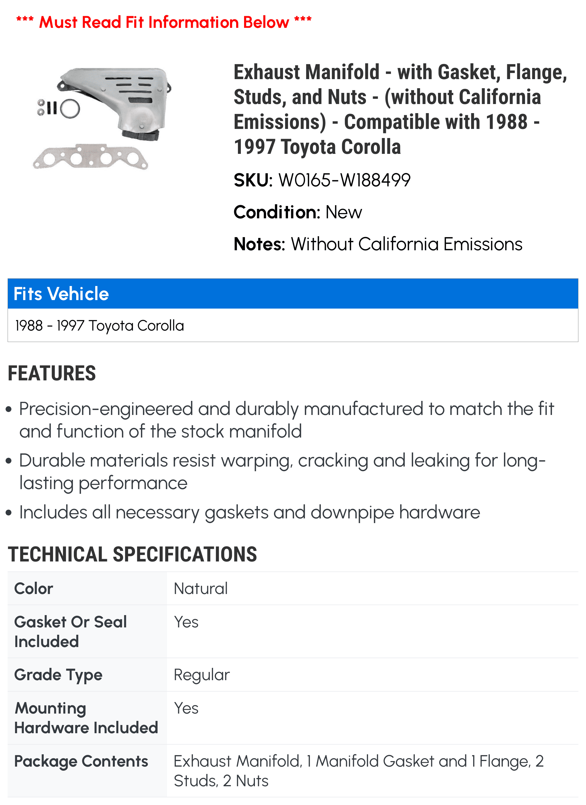 Exhaust Manifold - with Gasket, Flange, Studs, and Nuts - (without California Emissions) - Compatible with 1988 - 1997 Toyota Corolla 1989 1990 1991 1992 1993 1994 1995 1996