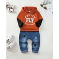 thumbnail image 2 of Kucnuzki 18 Months Infant Baby Boys Outfits Set 24 Months Boy Winter Clothes Long Sleeves Sweatshirt Color Block Pullover Hooded Tops Ripped Jeans Denim Pants Sets 2pcs Clothing Orange, 2 of 8