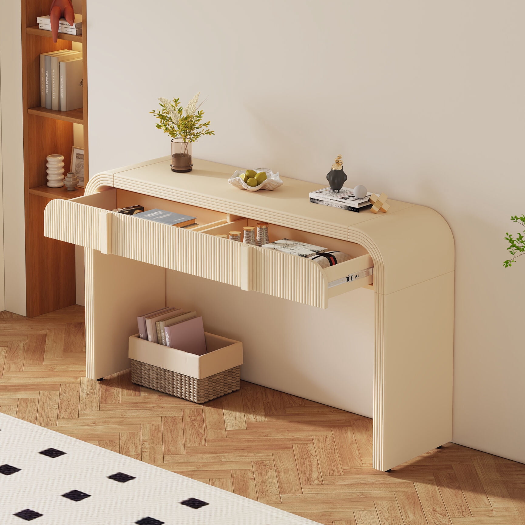 Smooth Surface Console Table, Unique Modern Rounded Silhouette  Table Console with 2 Drawers, Tall Console Table for Living Room and Entryway, Apricot Cream