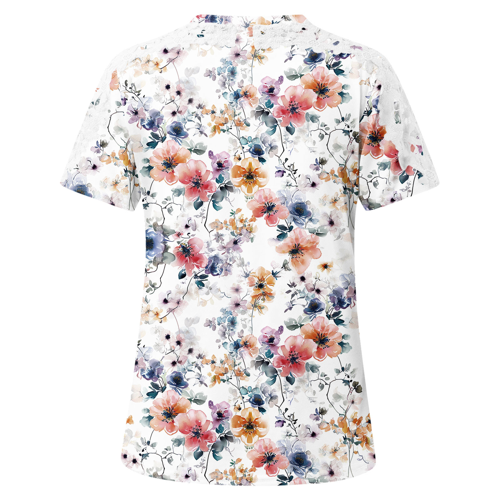 Summer Tops for Women Crewneck Loose Lace Crochet Short Sleeves Blouses Elegant Floral Print Loose Dressy Tee Shirts Top Lightweight Business Office Work T-Shirt