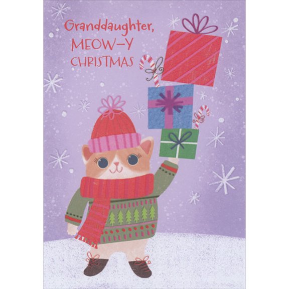 Designer Greetings Cat Dressed for Winter Weather and Holding Stack of Gifts Juvenile Christmas Card for Granddaughter