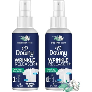 Downy Wrinkle Release Spray, Travel Size Spray, All In One Formula, Removes Wrinkles, Static and Odor Eliminator, Crisp Linen Scent, 3 Fl Oz, Pack of 2
