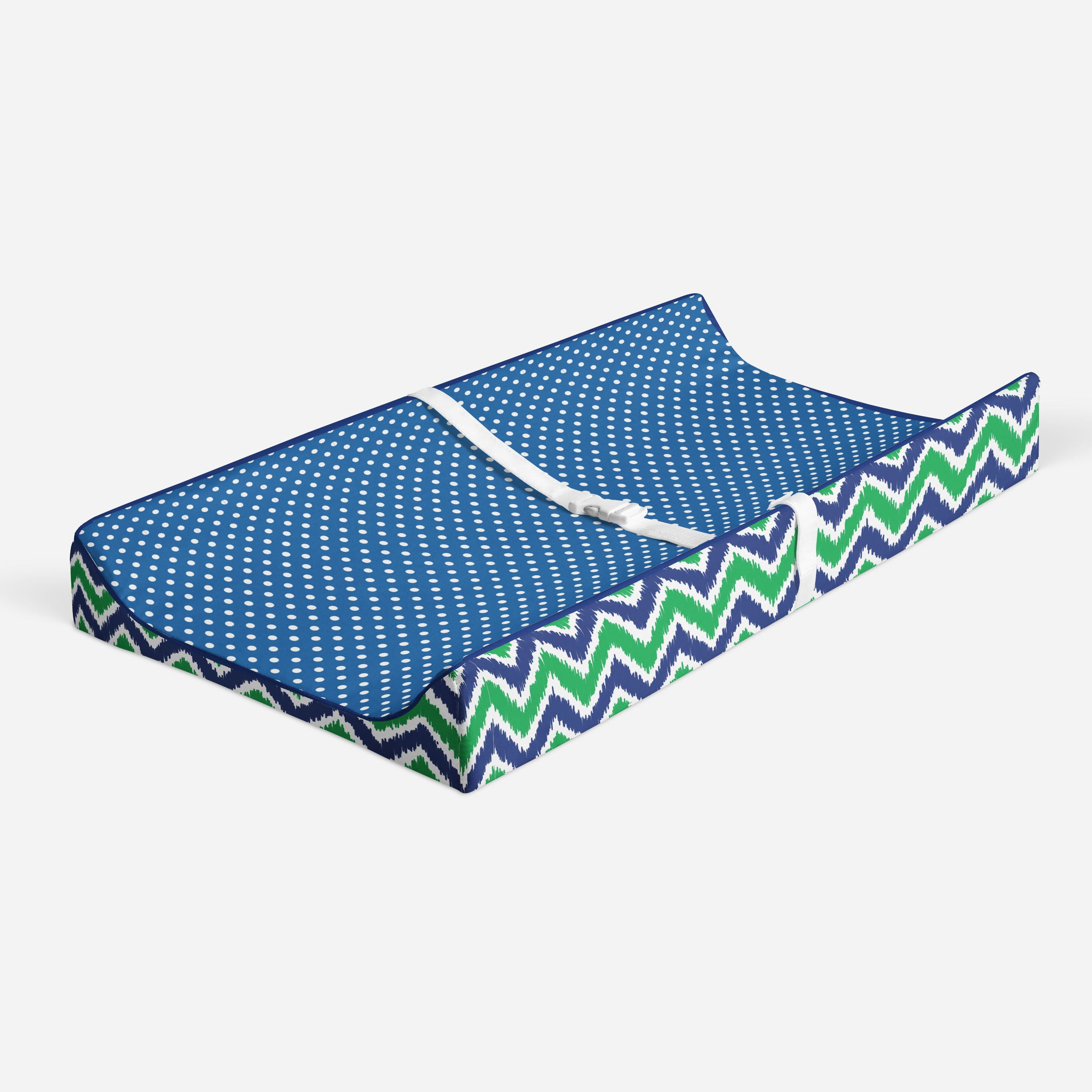 Bacati - MixNMatch Solid White Quilted Top 100% Cotton Percale with Polyester Batting With Navy/Green Zigzag Gussett Diaper Changing Pad Cover, Navy/Green