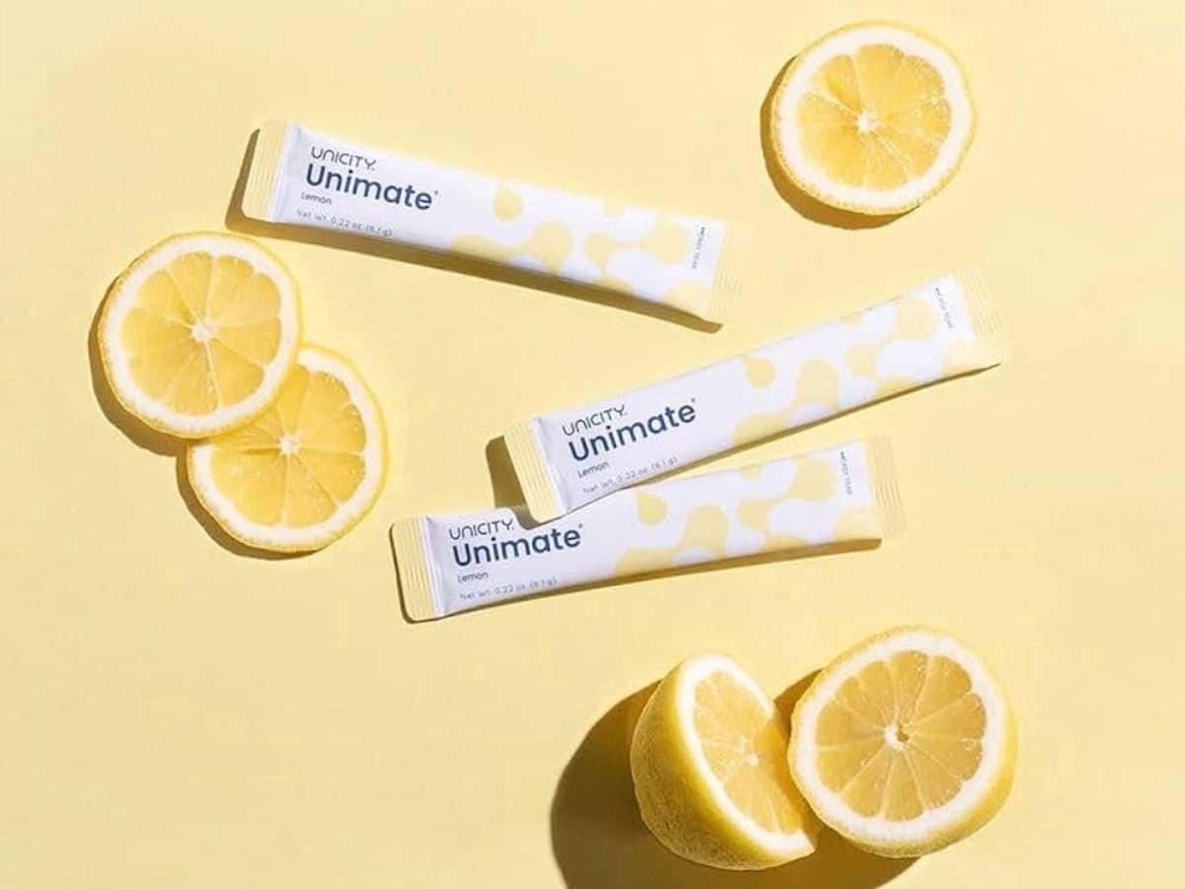Unicity Unimate Lemon Drink Mix with Bottle, 30 Sachets, Instant Lemon Beverage Powder, Reusable Mixing Bottle Included, Low Calorie Daily Drink Mix, Travel Friendly for Men & Women