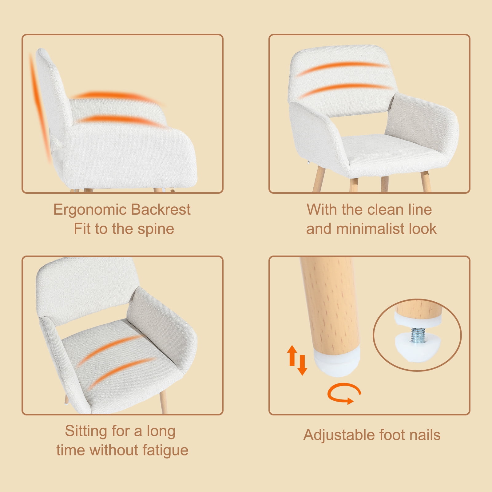 Homy Casa Lot de 2 fauteuils d'appoint modernes en tissu avec dossier ouvert et pieds en métal en bois