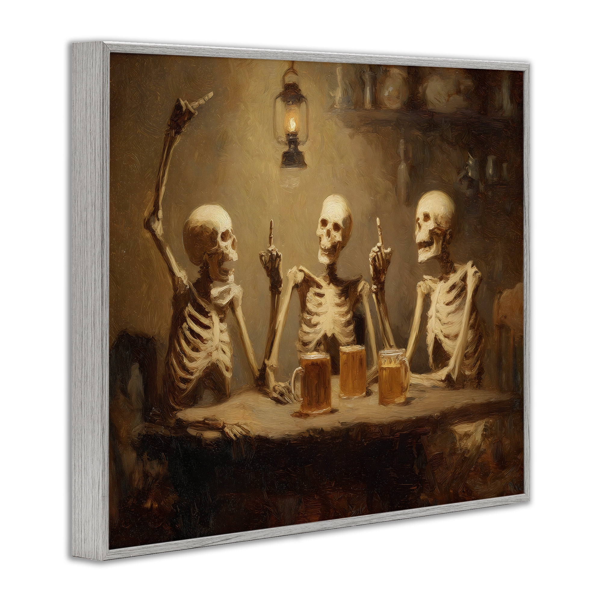Skeletons Drinking at Tavern Gray Framed Giclee Art, design by Arlington Prints