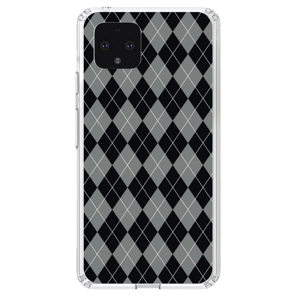 DistinctInk Clear Shockproof Hybrid Case for Google Pixel 4 (5.7" Screen) - TPU Bumper, Acrylic Back, Tempered Glass Screen Protector - Black Grey White Argyle
