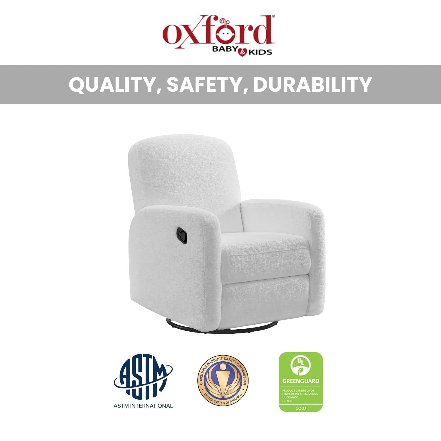 Oxford Baby Snuggly Upholstered Glider Recliner Rocking Chair, Green Guard Gold Certified, 360° Swivel For Nursery And Living Room - Plush White