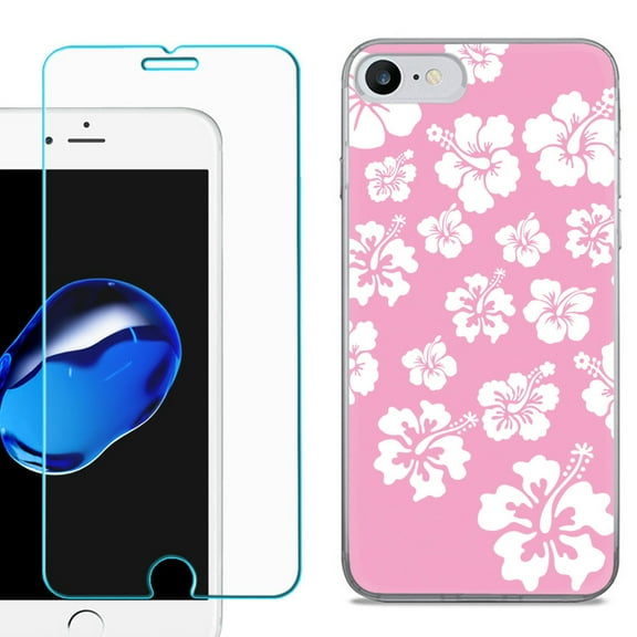 For Apple iPhone 7 / iPhone 8 Case, Slim-Fit TPU Phone Case, with Tempered Glass Screen Protector, by OneToughShield ® - Hibiscus Pink