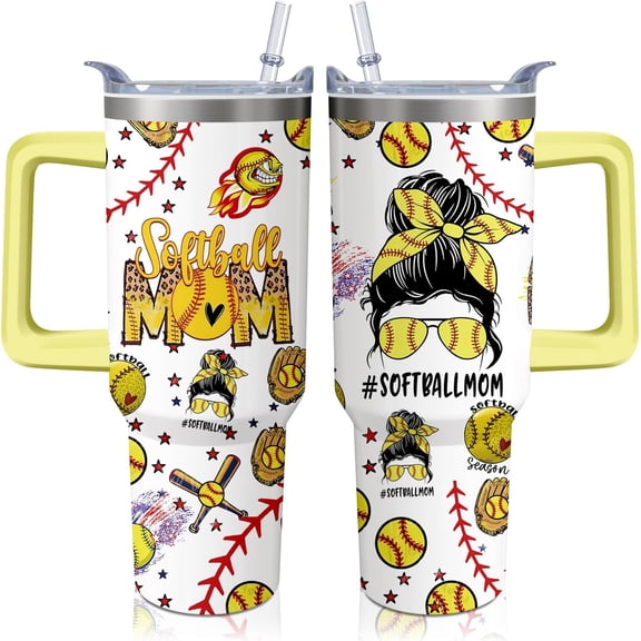 40oz Softball Mom Tumbler - Insulated Stainless Steel Cup with Handle, Lid & Straw - Mother''s Day Gift for Women, Sports Coach Travel Mug, Reusable Water Bottle