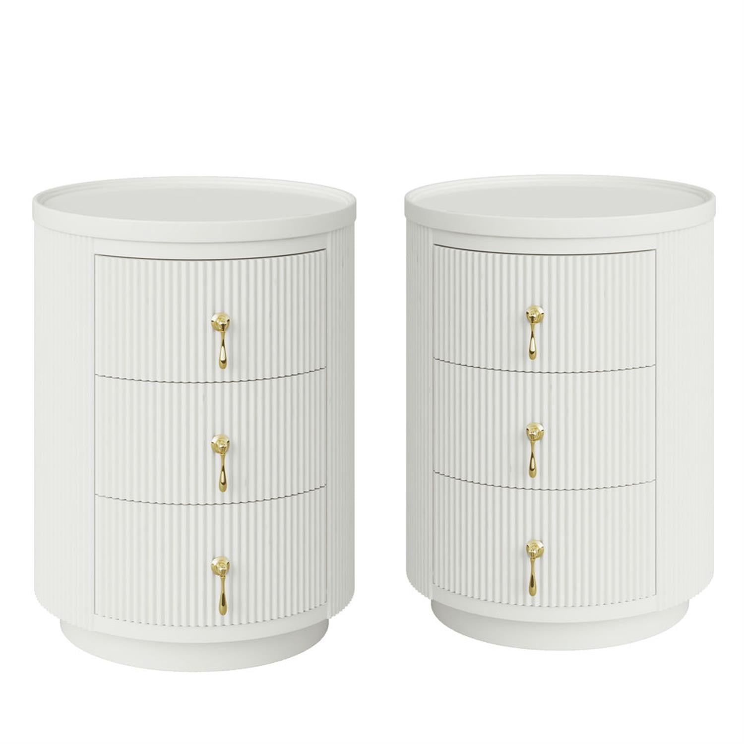 Demi Bonn 20" Wood Nightstand with 3-Drawers, Bedside End Table for Bedroom, Modern Round Side Table with Storage, White