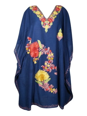 Mogul Women Embellished Navy Blue Floral Short Caftan Lounger Cover Up BOHO CHIC Tunic Dress One Size