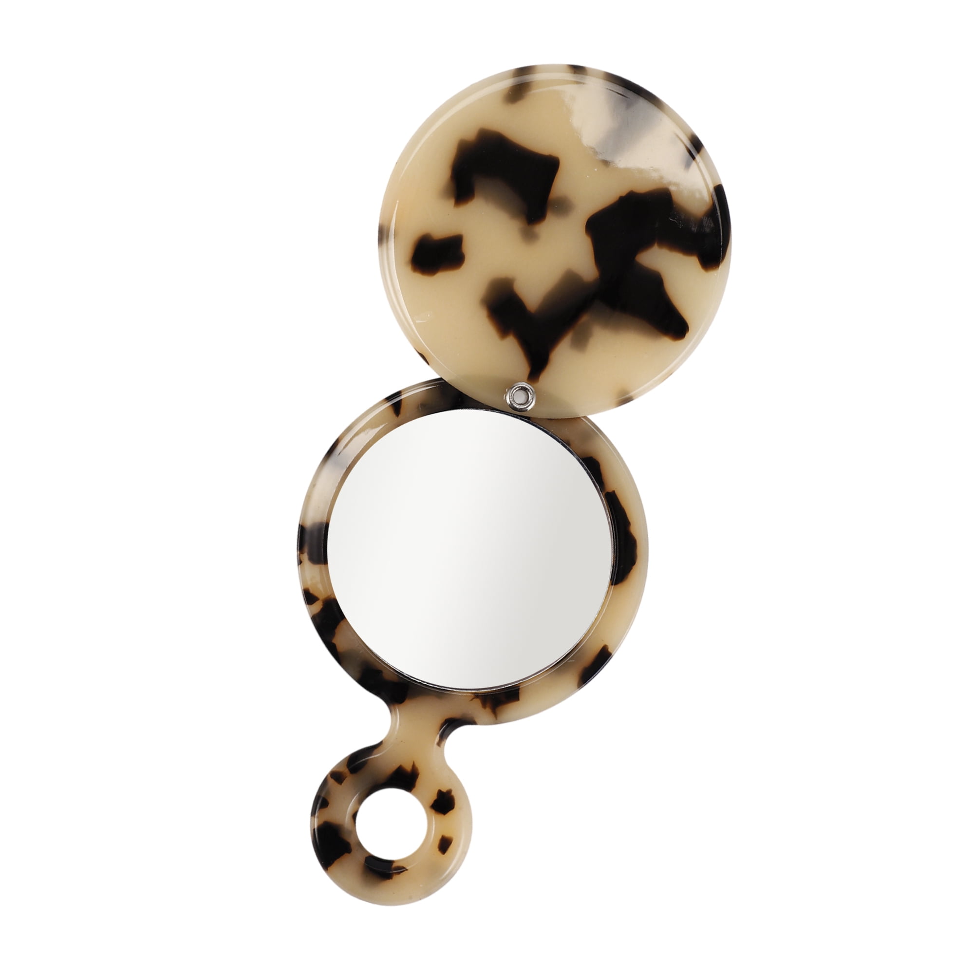 Unique Bargains 1 Pc Women Round Short Handheld Makeup Mirror for Beauty Black Beige