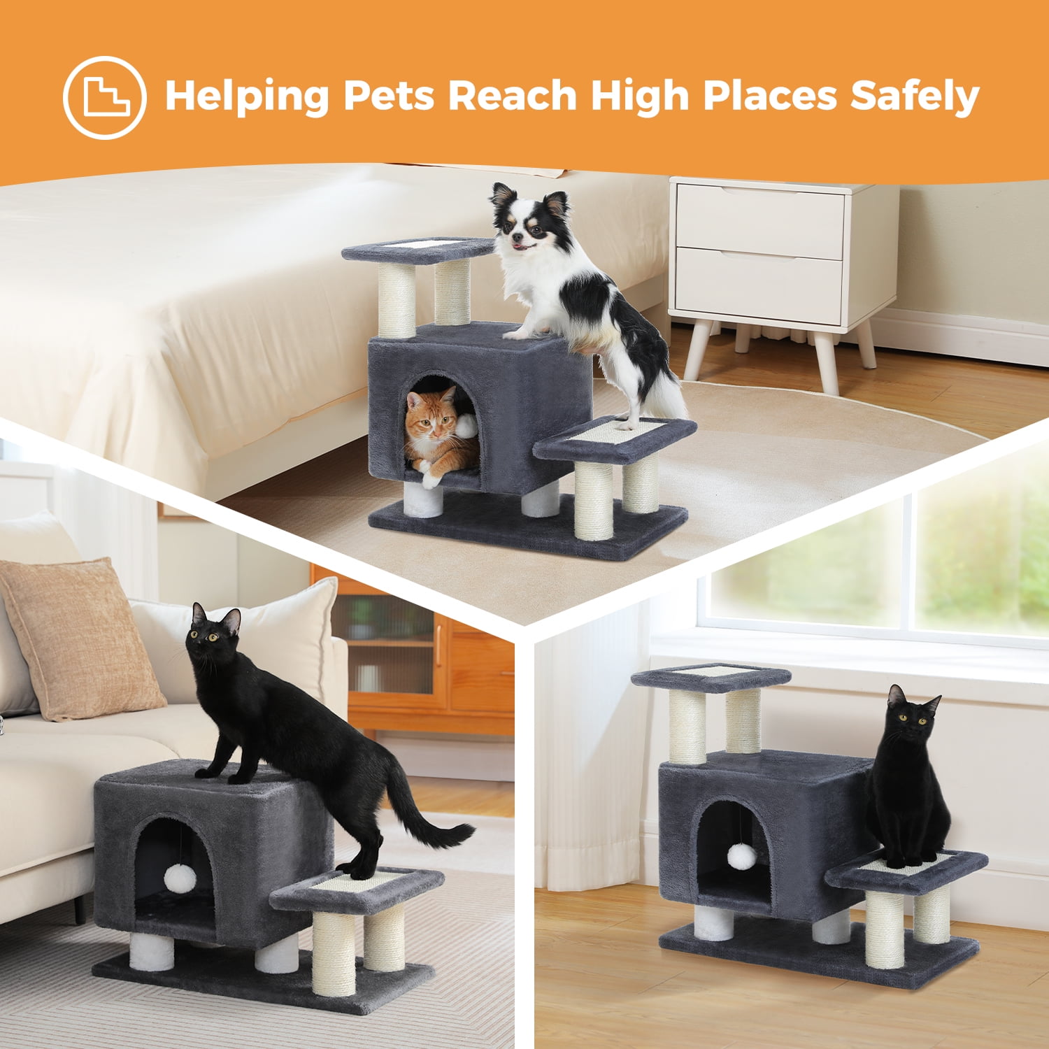 PAWZ Road 21.3" Dog Stairs with Scratching Post 3-Step Pet Stairs with Cat Condo for Small Dog Dark Gray
