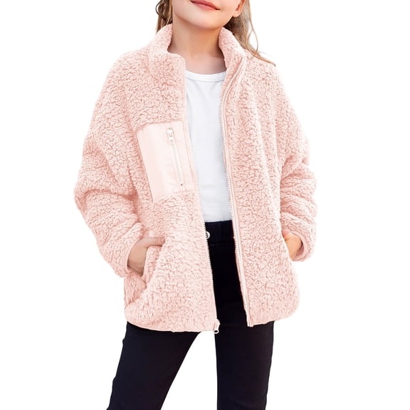 Oudiya Girls Fleece Jacket Sherpa Fall Winter Full Zip Fuzzy Coat Outwear with Pockets for Kids 5-13Y