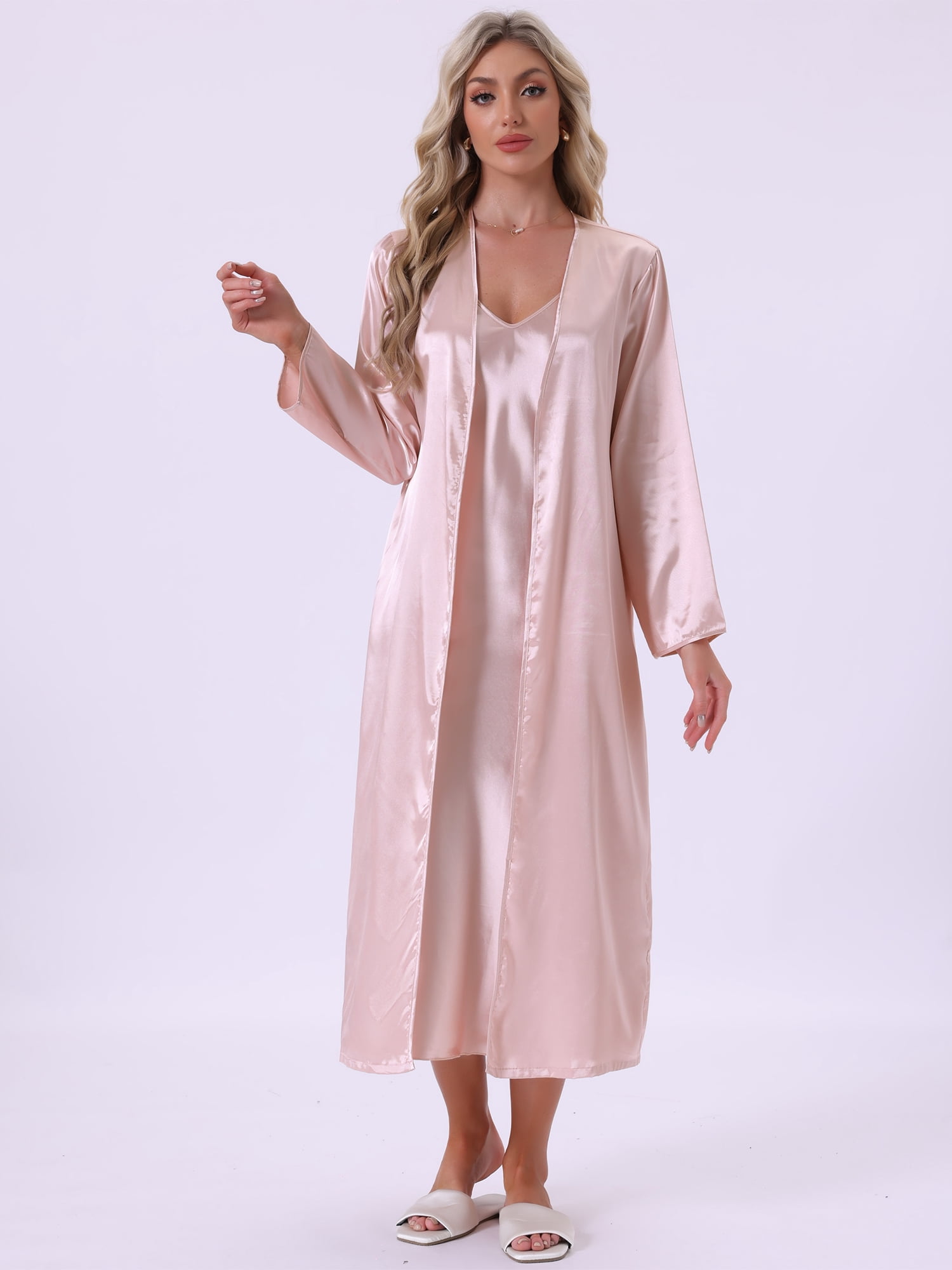 DARING DIVA Women's 2pcs Satin Silky Soft Midi Camisole Robe Set S Pink
