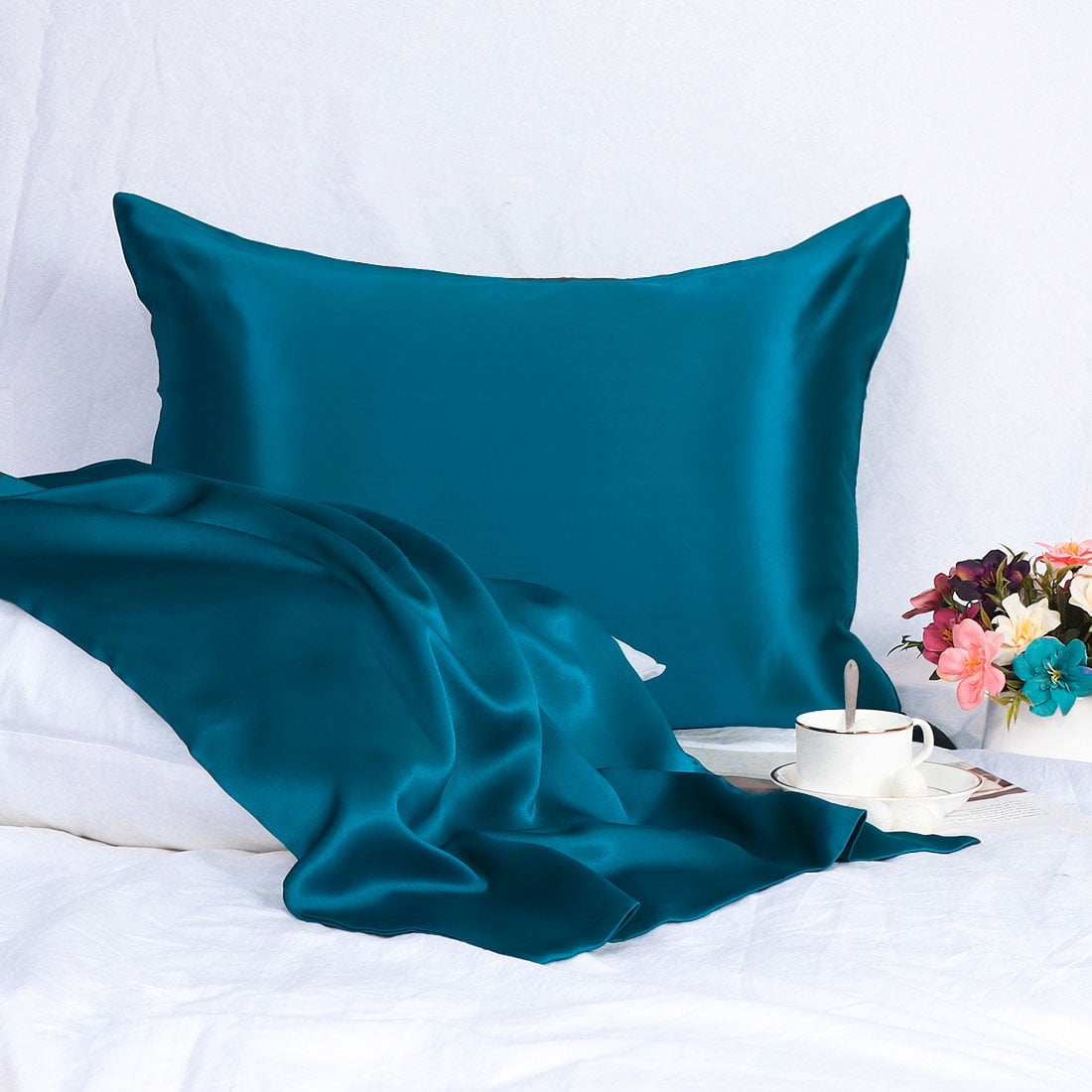 PiccoCasa 25 Momme Silk Pillowcase with Zipper Closure, Standard Peacock Blue