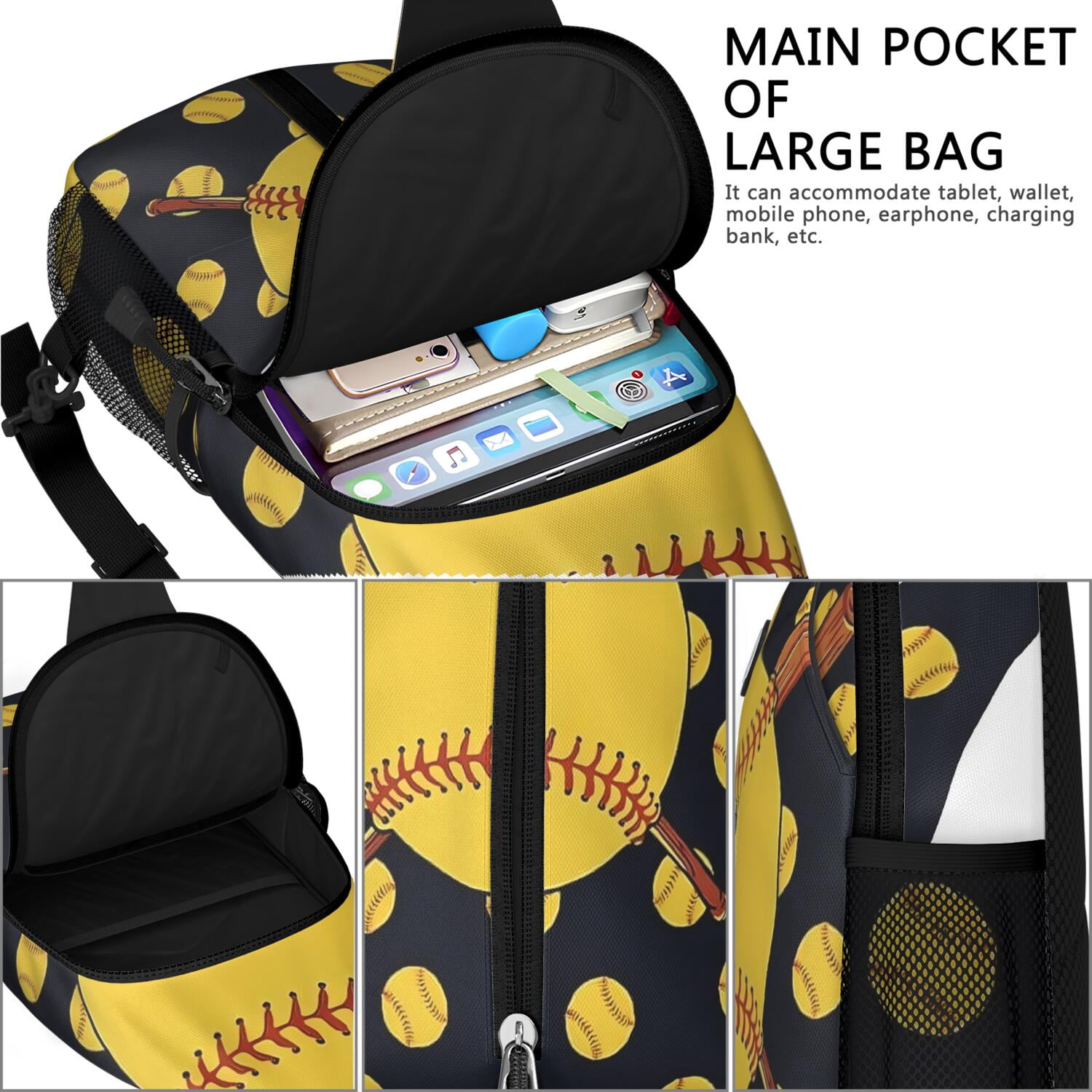 Baseball and Football Print Sling Bag for Boys – Lightweight Durable Polyester Crossbody Backpack with Secure Zippers, Large Compartments, Mesh Side Pockets for Training, Competition, and Outdoor Play