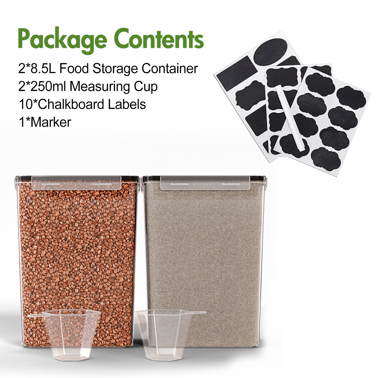 8.5L/287Oz Airtight Cereal Container Flour Storage with Lids, Extra Large Food Storage Containers Pantry with Measuring Cups, Chalkboard Labels and Marker for Kitchen Organization, 2 Pack