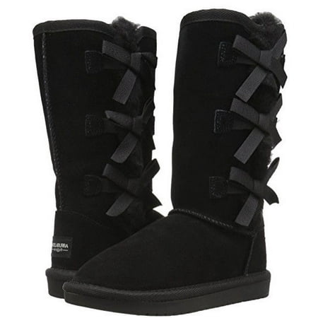 Koolaburra By UGG Girl's Victoria Tall Suede Triple Bow Boot Black Youth Size (Best Way To Clean Suede Ugg Boots)