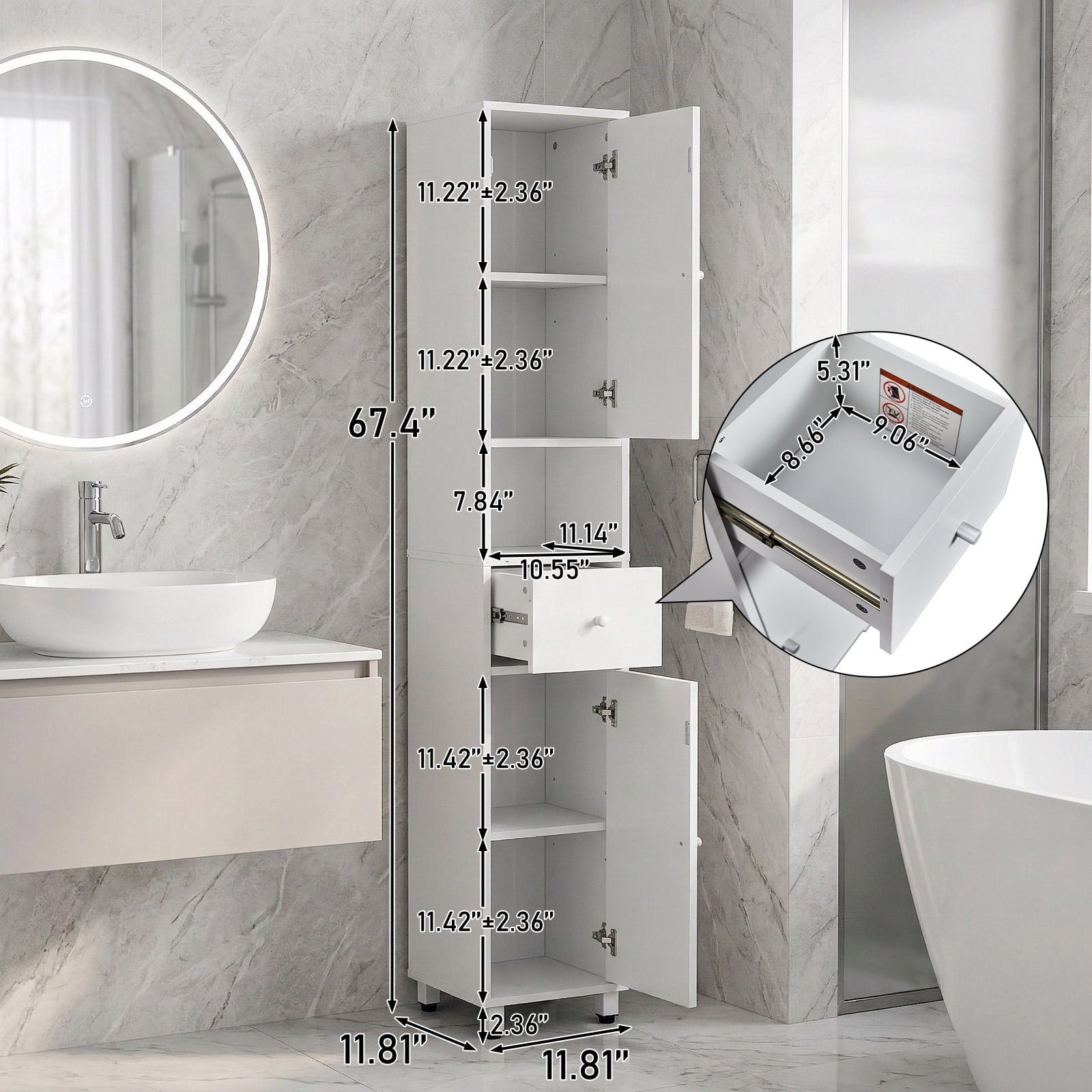 Ktaxon Bathroom Storage Cabinet Narrow Tall, Freestanding Cabinet Storage Tower with 2 Door 1 Drawer, White