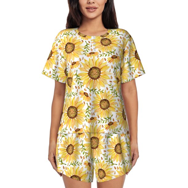 Fotbe Watercolor With Sunflowers Conjunto de Pijama Estampado para Mujer, 2 Piezas, Ropa de Dormir con Camiseta de Manga Corta y Shorts Suaves-Large