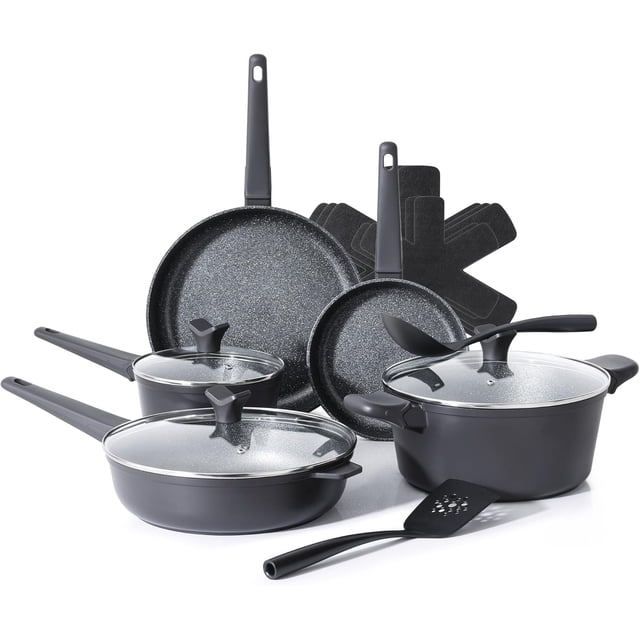 SOHO 15Pcs Cookware Set – Pots and Pans Set Non Stick with Rock.TEC – Compact for Urban Kitchens, Nothing Sticks, Never Warps, Lasts Longer, Induction & Dishwasher Safe, Black