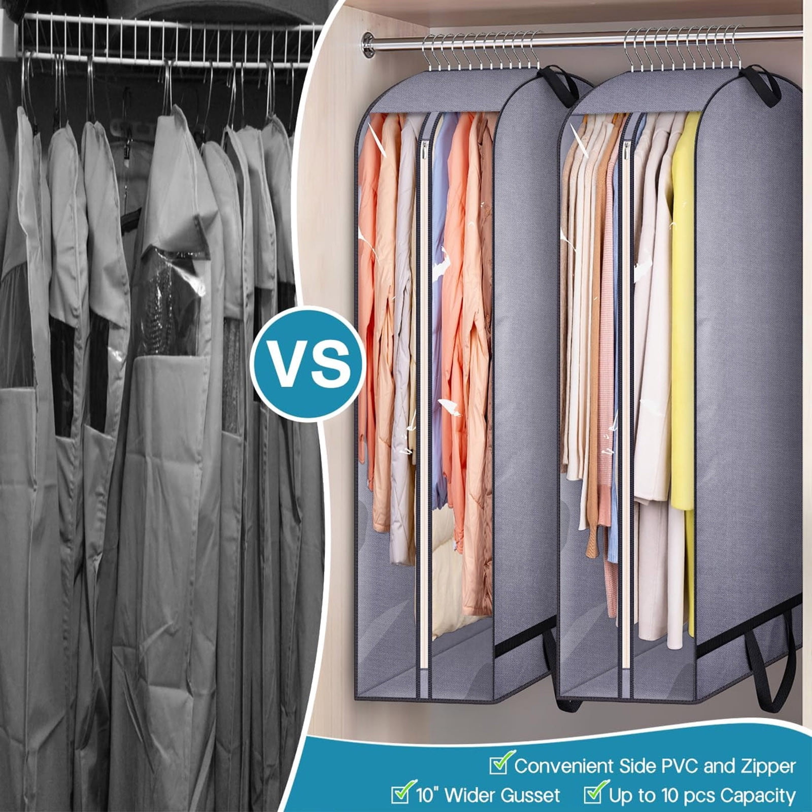 2pc Hanging Garment Bag for Closet Organization | Long Dress Storage Bag with Side Zipper | Transparent Breathable Fabric | 40x24x10inches | Wardrobe Organizer for Seasonal Clothing Protection