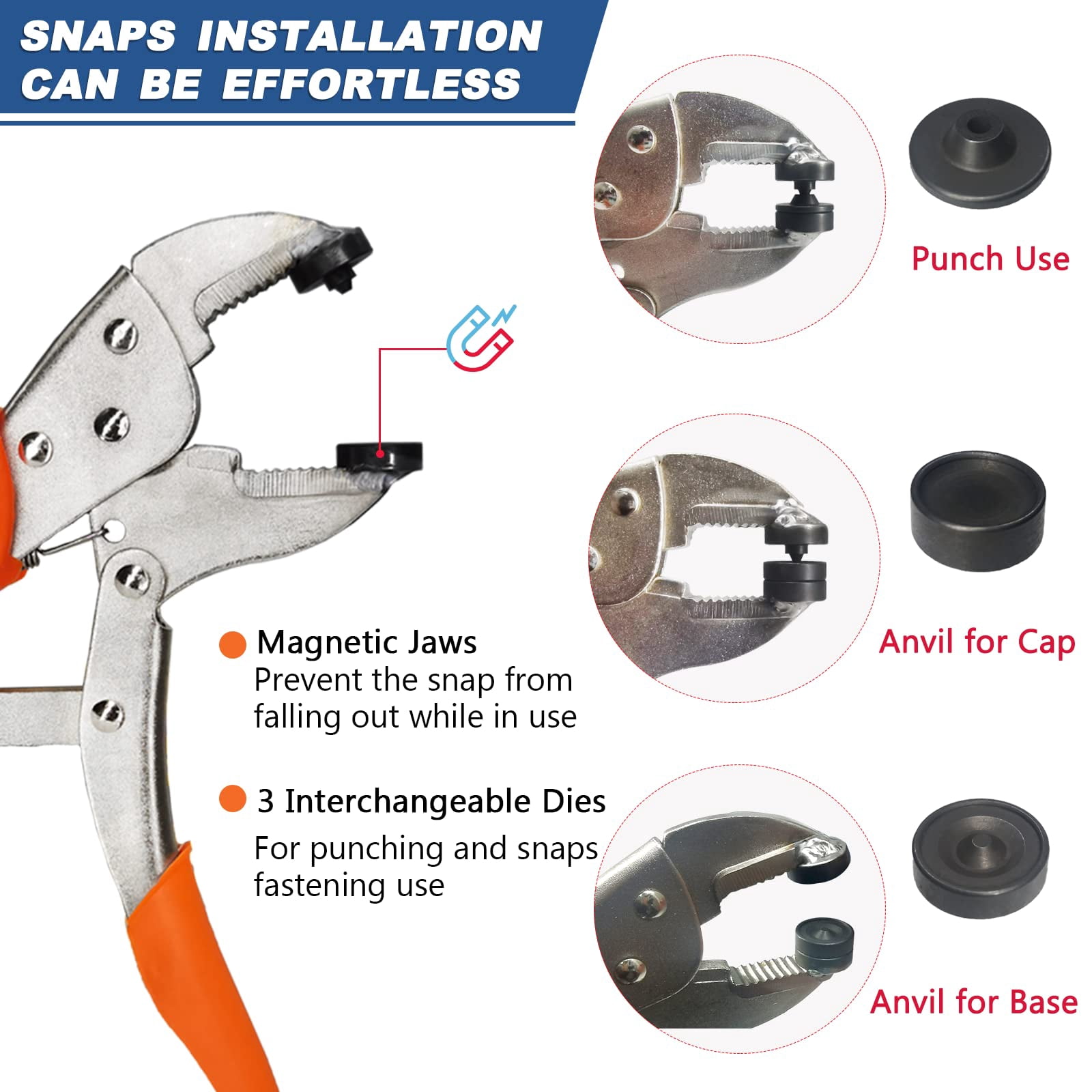 Antelat Heavy Duty Snap Fastener Tool Adjustable Snap Setter Tool Includes 20 Sets 15mm Snaps for Boat Cover, Replacing Metal Snaps, Repairing Boat Covers, Canvas, Sewing, Tarps orange