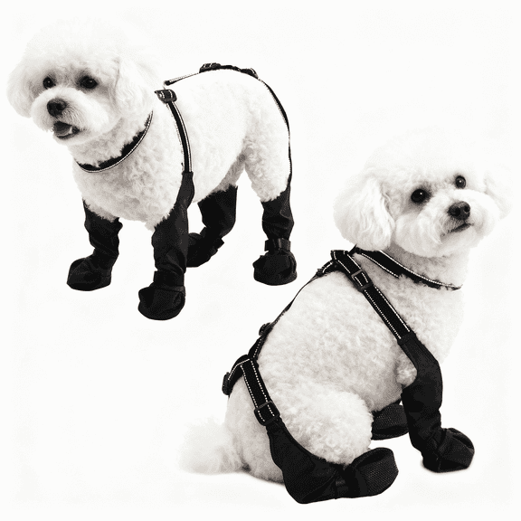 BECROWM Waterproof Dog Boots with Suspenders, Anti-Slip Paw Protectors for Small Dogs, Reflective and Dirt-Proof, Black, Small
